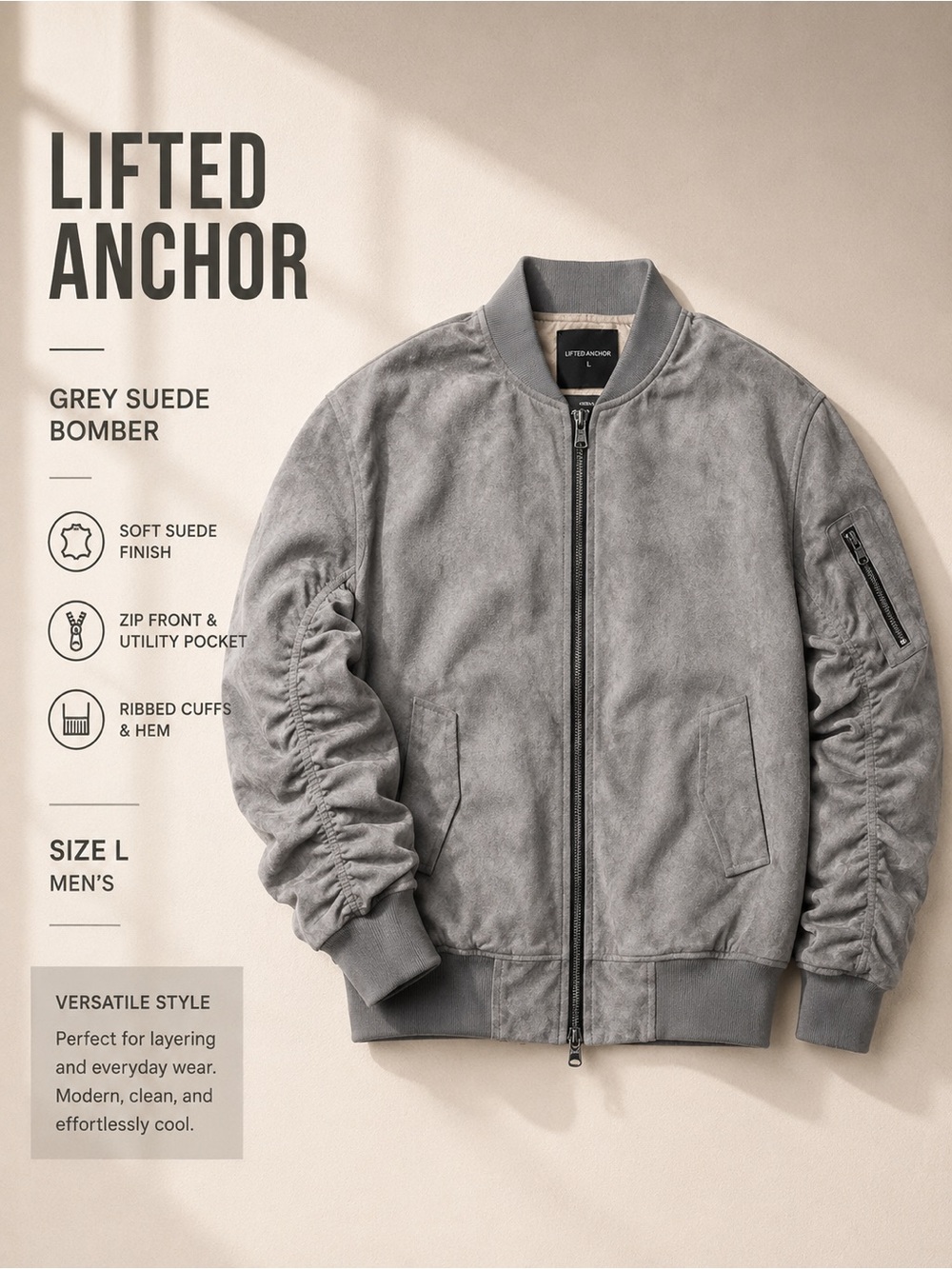Lifted Anchor Grey Suede like Bomber Jacket Size L